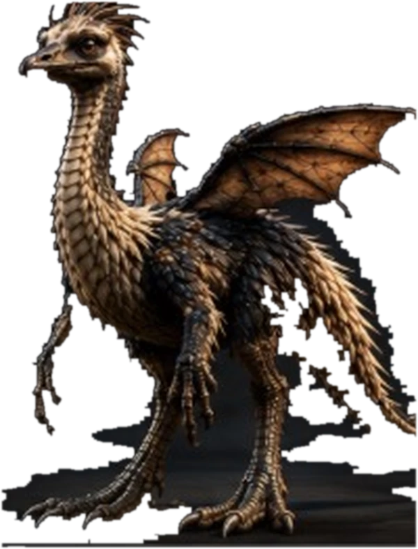 Roam, the Ostragon — a tall feathered creature with a long neck, two clawed arms, dragon-like wings and a plumed tail